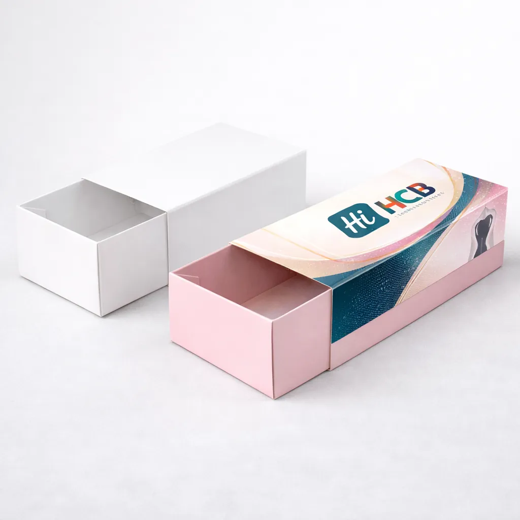 Two sleeve-and-tray drawer boxes, one plain white and one with a pink tray and branded sleeve. class=